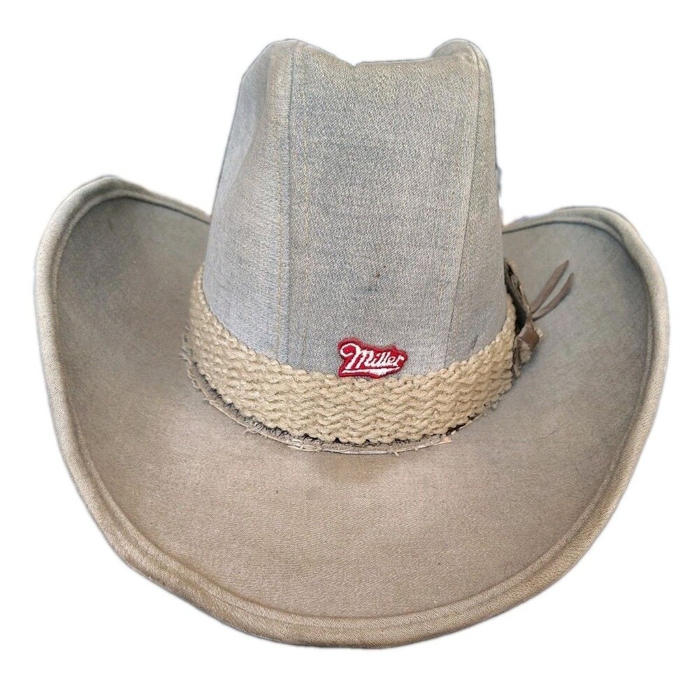 VTG Miller Beer Cowboy Hat Size L Union Made USA Suede Script Logo Horse...